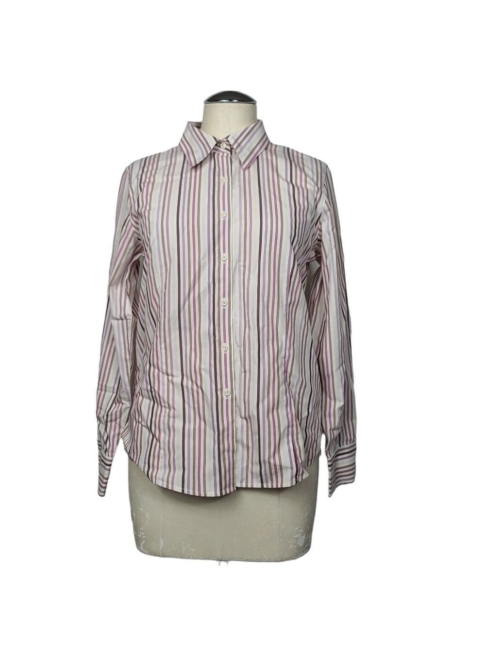 Talbots Striped Pink Purple Tan Ceam Button Down Long Sleeve Blouse Petite 10